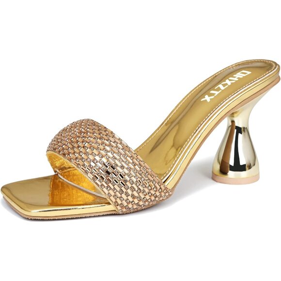 Women's Gold Rhinestone Chunky Heel Open Toe Slip On Slides Kitten Heels Party - Picture 1 of 7